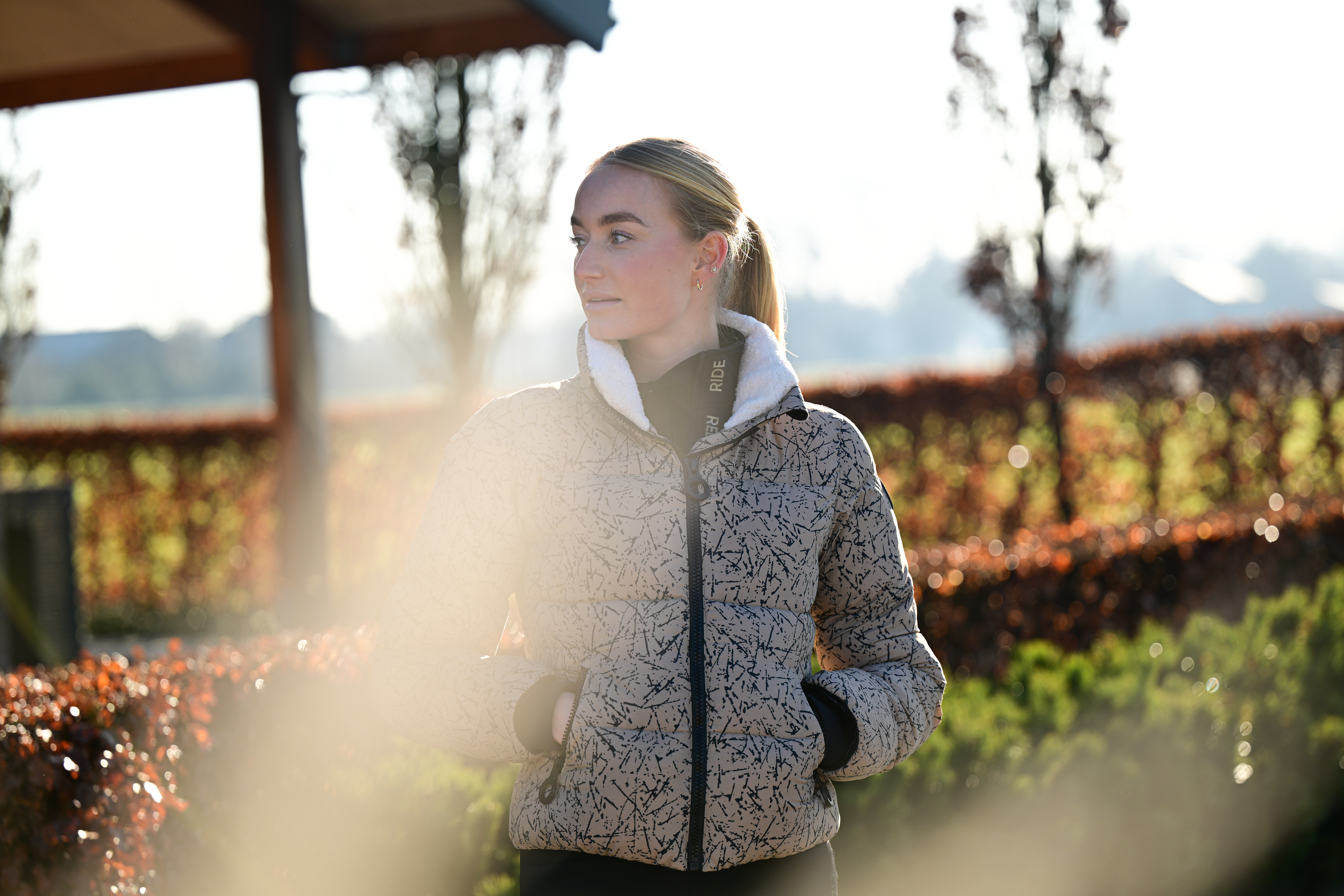 Suzy winter jacket in Mouse worn outdoors – front view